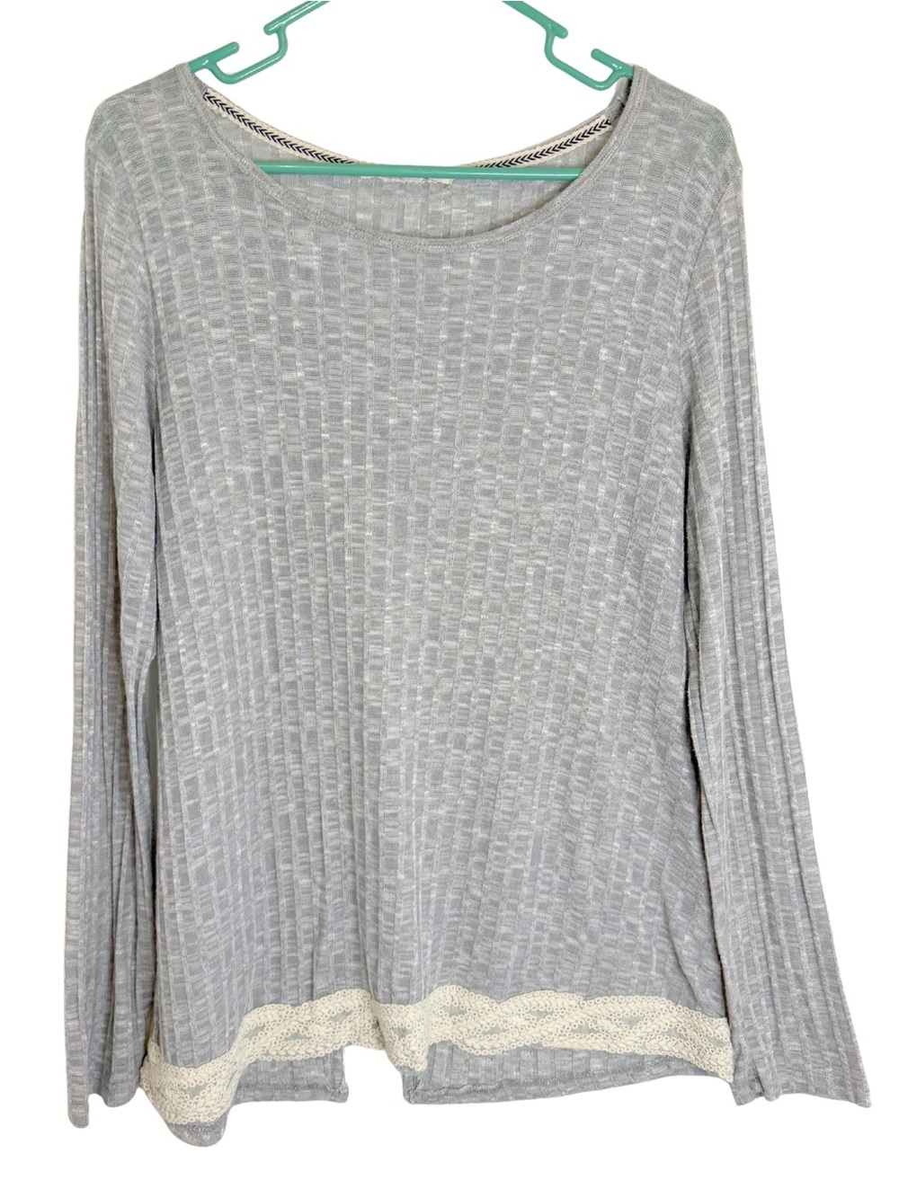 3/$20 Rewind Light Gray Long Sleeve Lace-Hem Knit Top